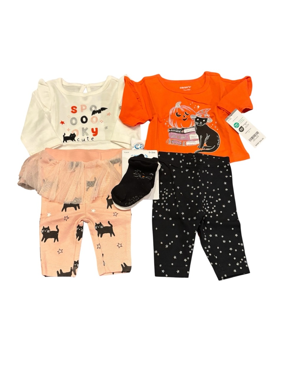 Carter’s NWT Two Halloween outfits with two pair Halloween socks, Newborn